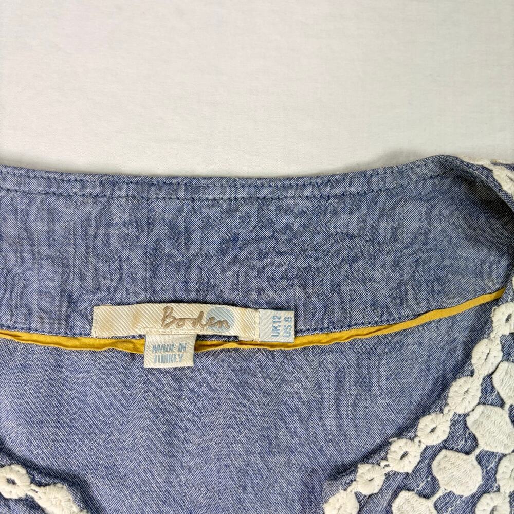 Boden womens chambray blouse white crochet collar, cuffs. Size 8. boho, vacation - Picture 2 of 4